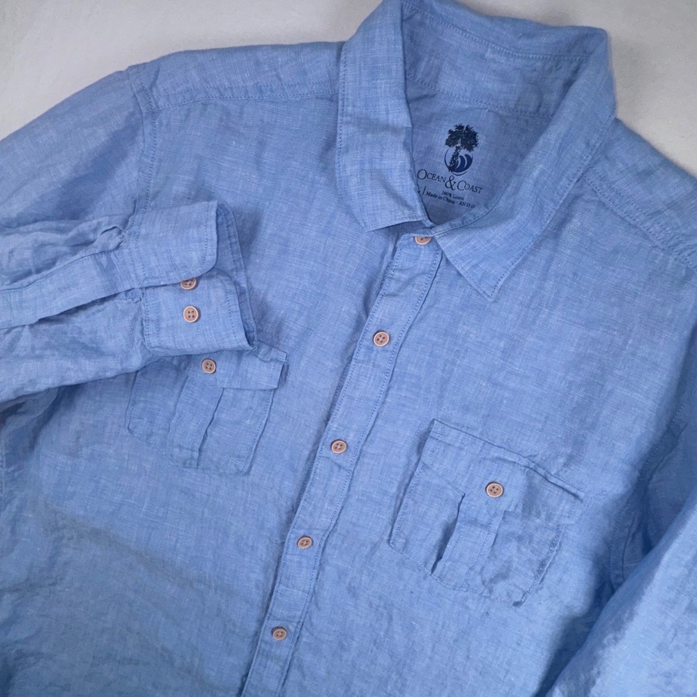 Ocean & Coast Button Down Men Large Blue 100% Linen Roll-Tab Long Sleeve Shirt